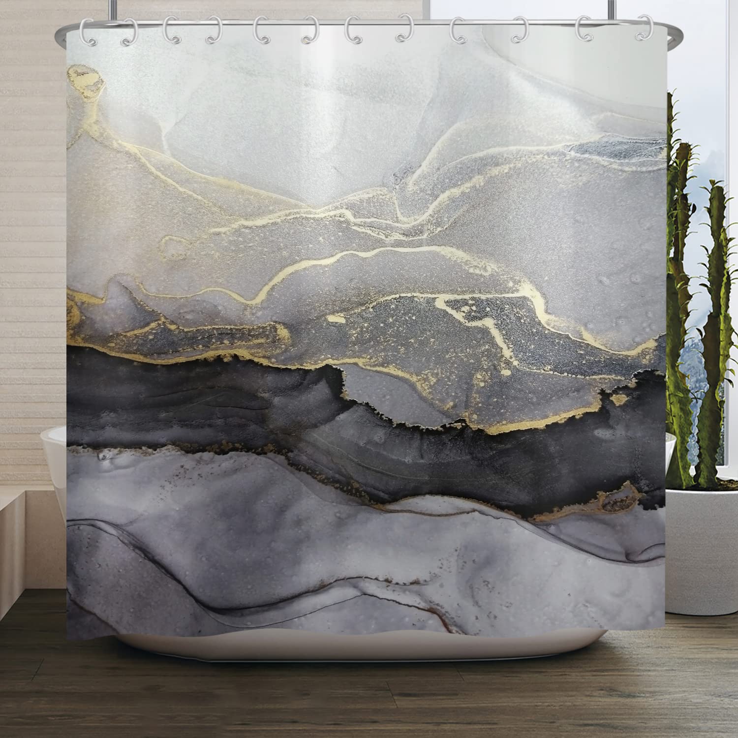 ASDCXZ Shower Curtain Marble 150x180 cm, Modern Abstract Grey Black Gold Marble Optic Texture Washable Fabric Shower Curtains Polyester Textile Waterproof Shower Curtain for Bathtub with 10 Hooks โ image 1