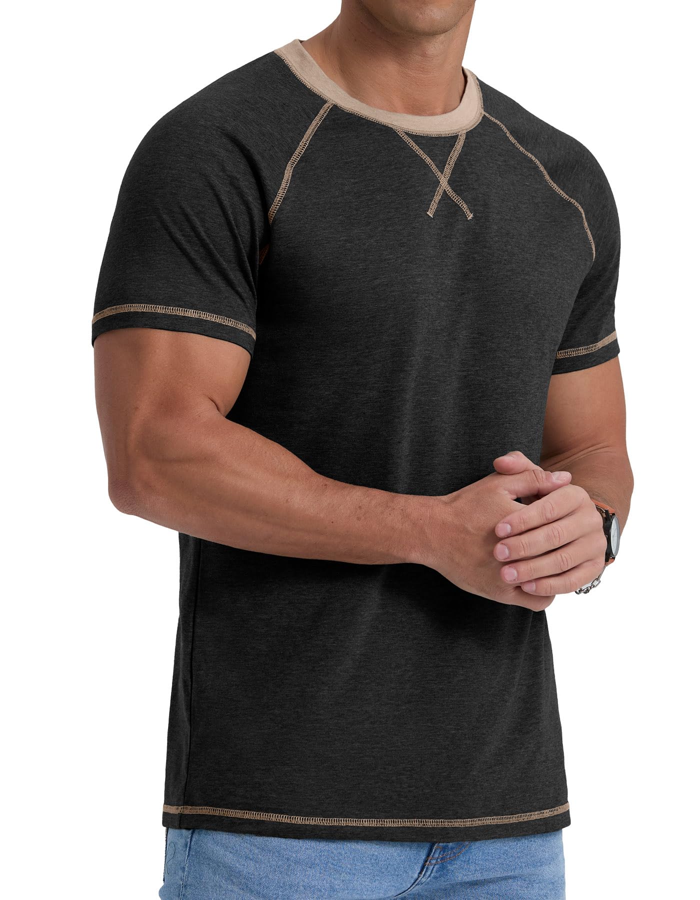 QIXING Męski T-shirt z bawełny, z krótkim rękawem, okrągły dekolt, na lato, lekki, regularny krój, oddychający, na co dzień