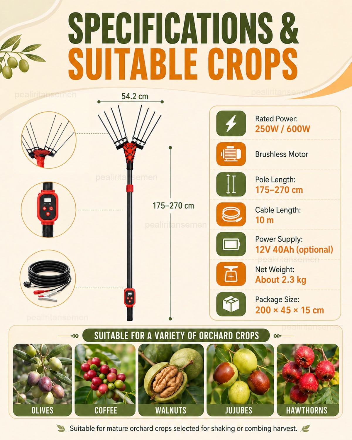 Vareador De Aceitunas Eléctrico, Recogedor De Fruta Telescópico con Pértiga 175-270 cm, Motor Sin Escobillas 250W/600W, 6 Niveles Vibración, Pantalla LED Y Cable 10m 600W-withBattery