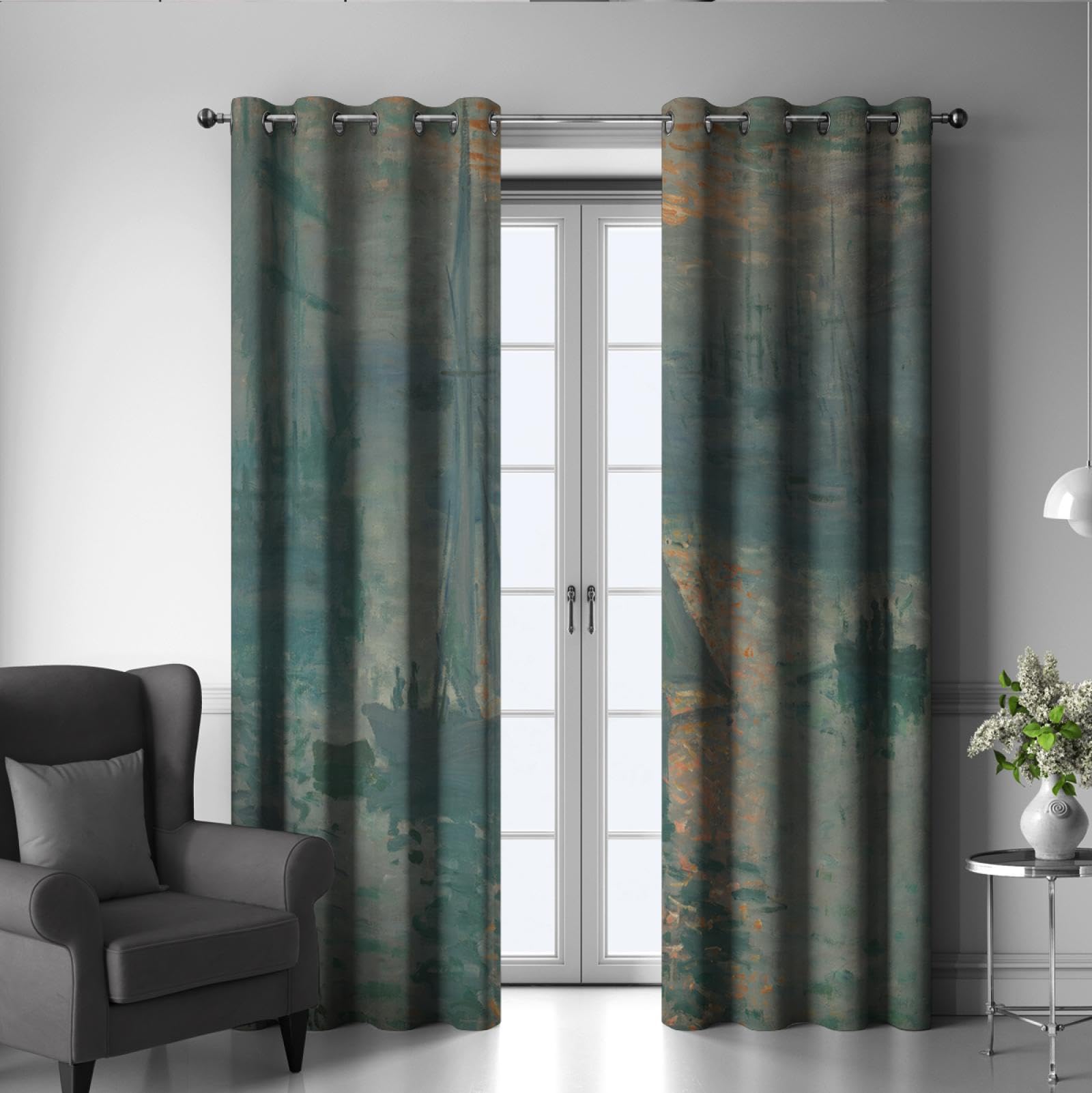 PARREN Flur Verdunkelungsvorhänge für Wohnzimmer Schlafzimmer Schiffe auf dem Meer Muster Druck Vorhänge Fensterbehandlung Vorhänge Claude Mone Grün 80x120cm