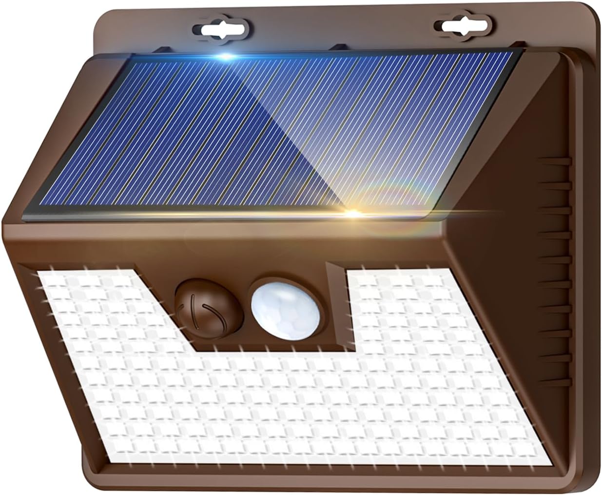 Solar Lights Outdoor 2 Pack, 140LED/3 Modes Motion Sensor Lights Solar Powered, Wireless IP65 Waterproof Wall Lights Outdoor Lights, Bright for Deck Fence Patio Front Door, White Light (Brown)