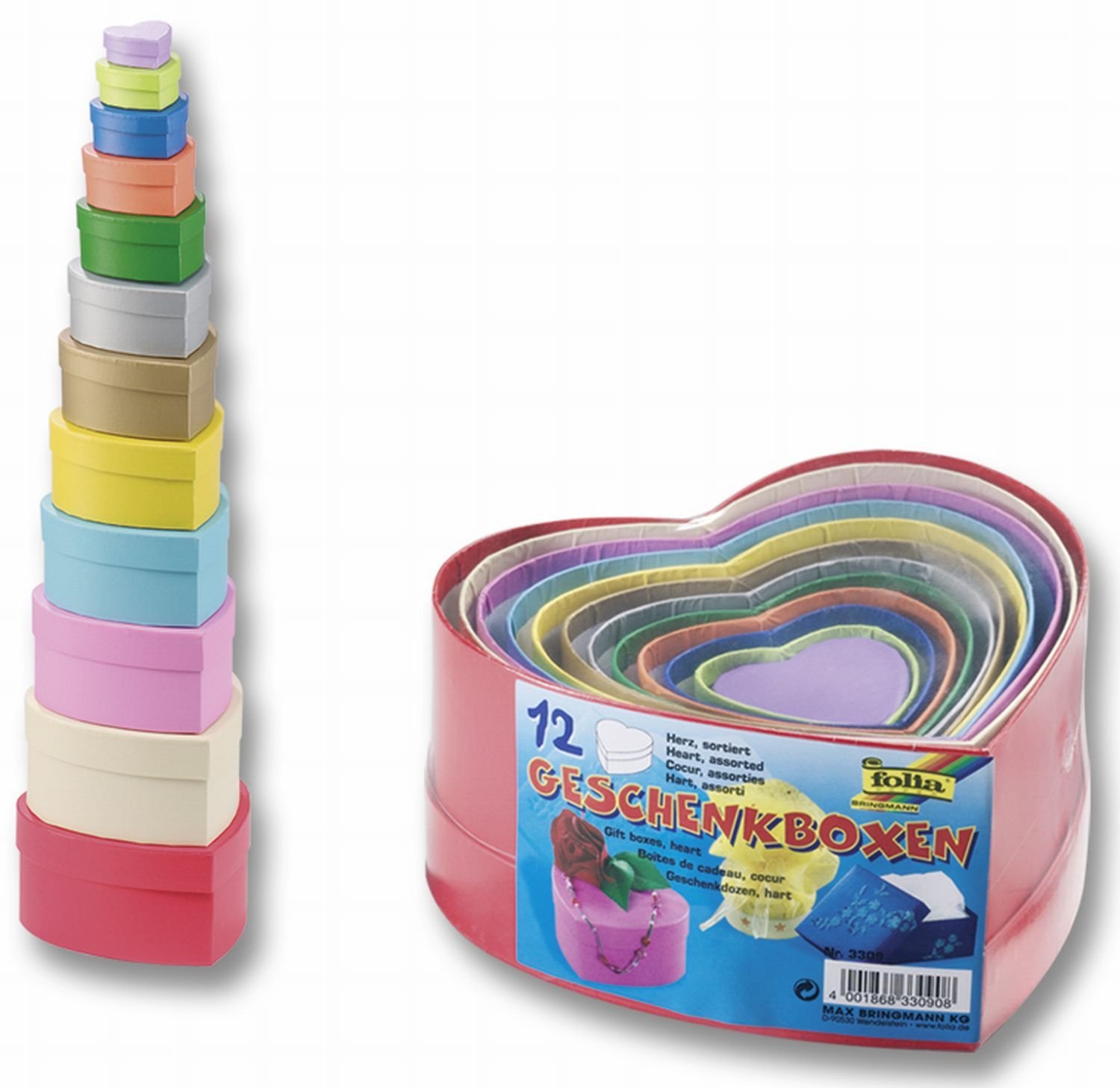Folia 3309 pudełka prezentowe, karton, w kształcie serca, 12 sztuk, różne rozmiary i kolory