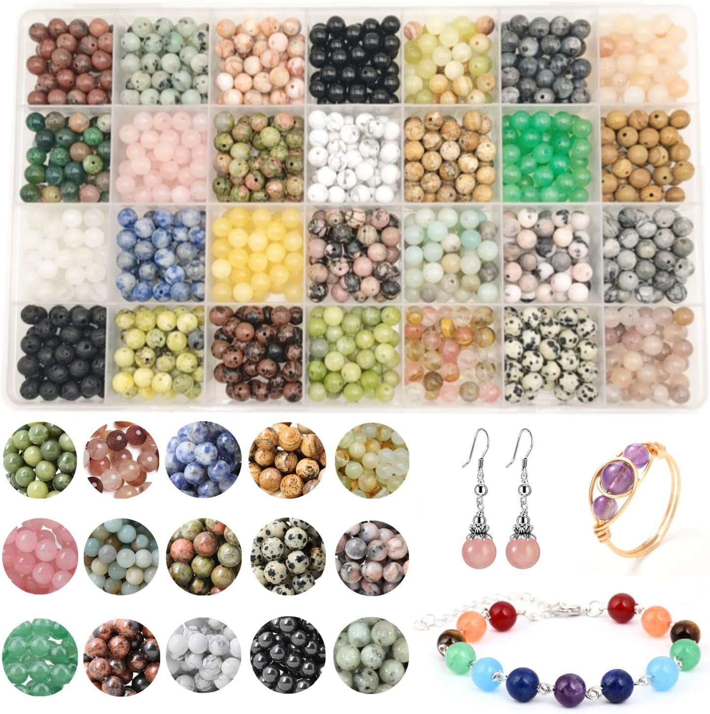1120pcs Natural Stone Beads Polished Beading 6mm Loose Beads Gemstone Crystal Energy Stone Healing Power for DIY Jewelry Making (6mm 28 Materials A)