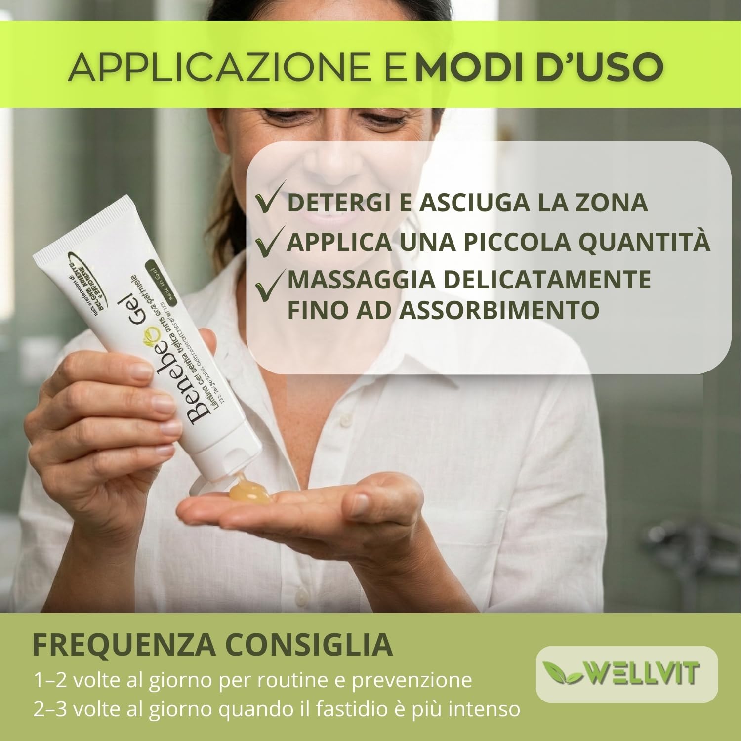 Benebeo Gel Wellvit - Crema Anale, Crema Intima Lenitiva Prurito Bruciore Zona Ano-Perineale con Acido Ialuronico e Pantenolo, Sollievo per Fastidio e Sensibilità, pH Fisiologico - 50 ml Made in Italy