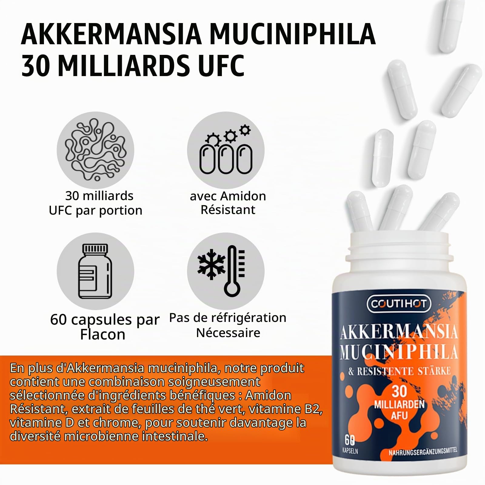Akkermansia Muciniphila 30 Billion AFU - Enhanced with Resistant Starch | Formule sans OGM et sans gluten pour les femmes et les hommes - 120 capsules à libération retardée