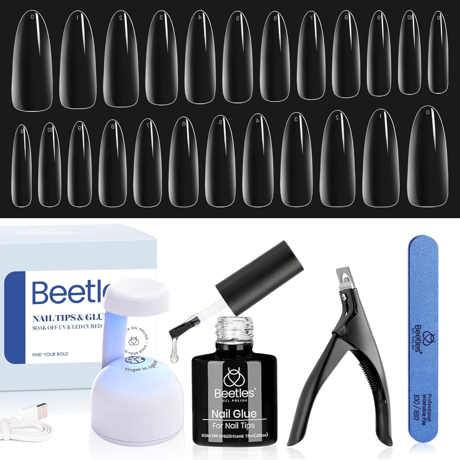 Beetles Gel Nail Kit Gel Nail Tips 240Pcs Clear Long Almond Pre Shaped Full Cover False Nail Tips with Nail Glue and Led Nail Lamp Acrylic Nail Clipper for Nail Art Diy Home Manicure