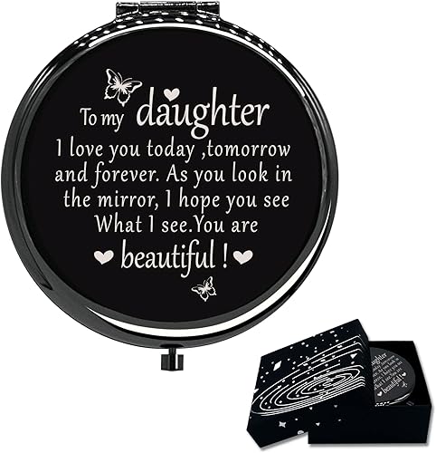 Espejo de maquillaje de bolsillo de viaje para hija, espejo de bolsillo compacto (negro), regalo inspirador para hija, cumpleaños, graduación, día