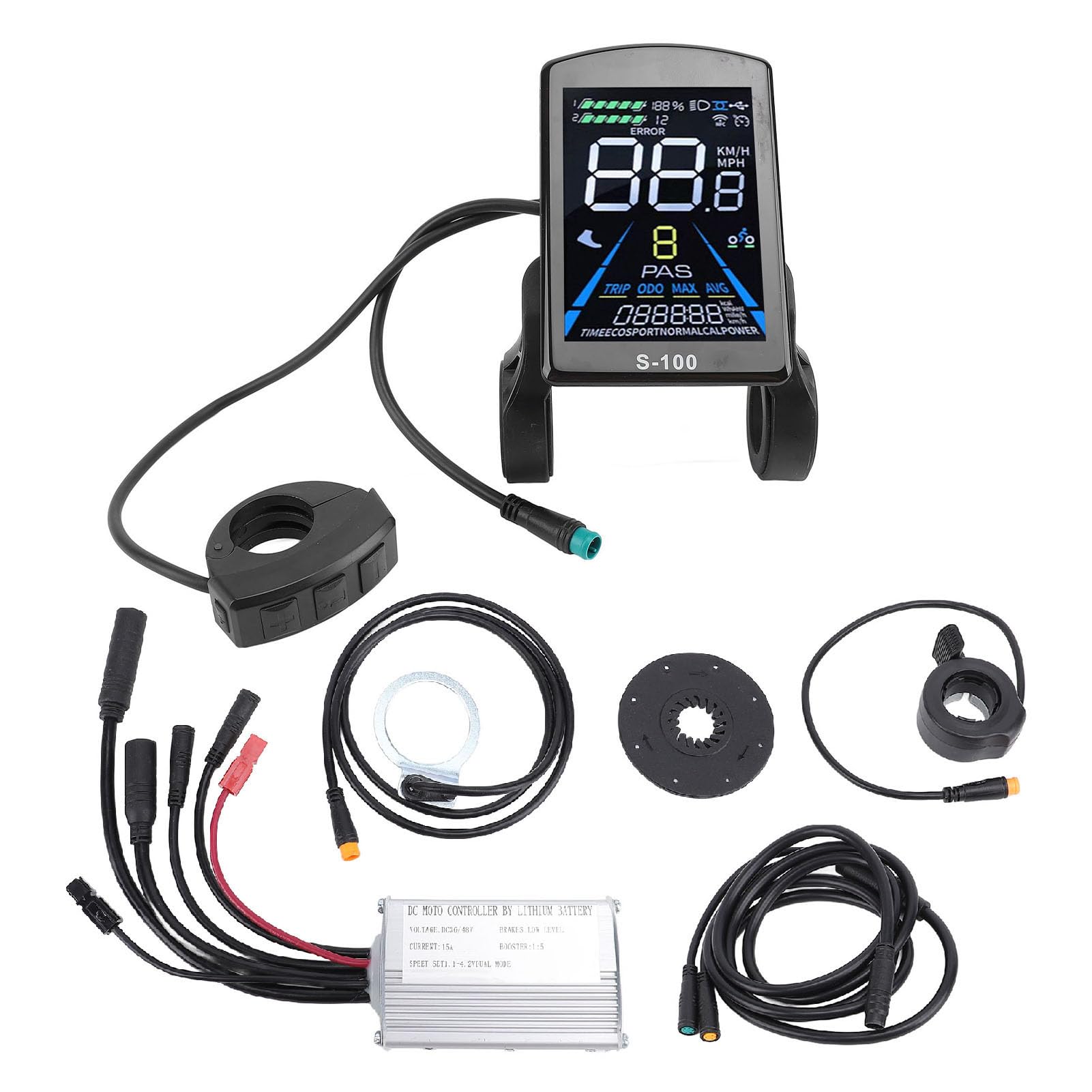 BuyWeek Kit Controller Scooter Elettrico, 36V 48V 15A DC Controller Motore 3 Mode con Metri S100 e Leva del Gas Pollice e Sensore di Assistenza e Cavo
