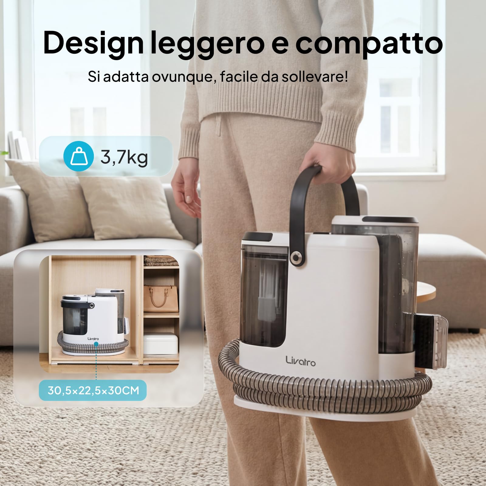 Livatro Lavatappeti e Divani Lava e Asciuga, 1700W Pulitore a Vapore per Divani, 15KPa Lava Tappezzeria, Pulisci Divani a Vapore, Serbatoio da 1,6 L, per Pulito, Mobili Imbottiti, Sofà, Auto