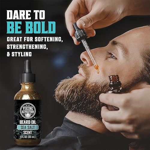 Vista 98 de Viking Revolution Aceite de barba de sándalo para hombres, aceite natural para barba con aceite de argán y aceite de jojoba, suavizante de barba