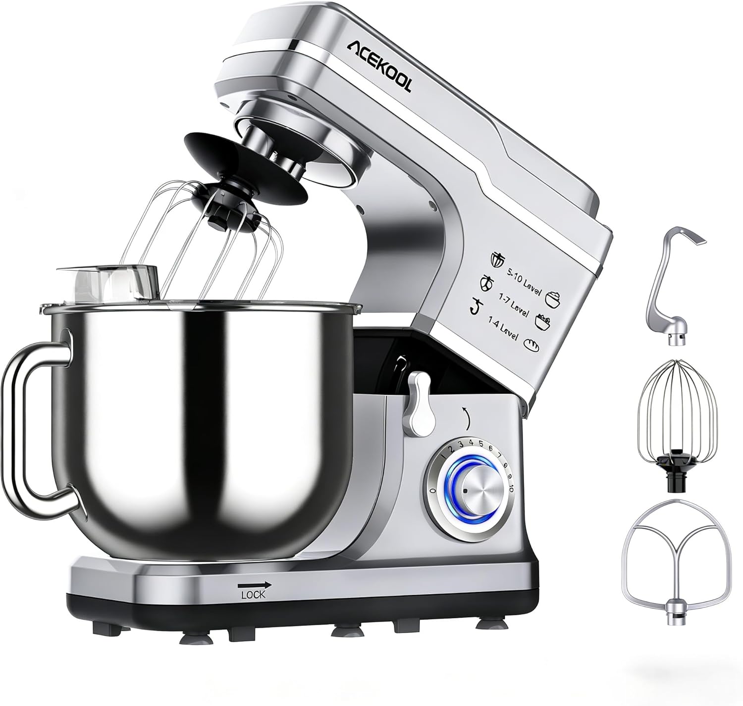 7.5QT Stand Mixer, Kitchen Stand Food Mixer, 10-Speed Tilt-Head Dough Mixer, Stainless Steel Bowl and Dough Hook, Beater and Splash-Proof Cover for Baking Bread Dough Cake, Silver