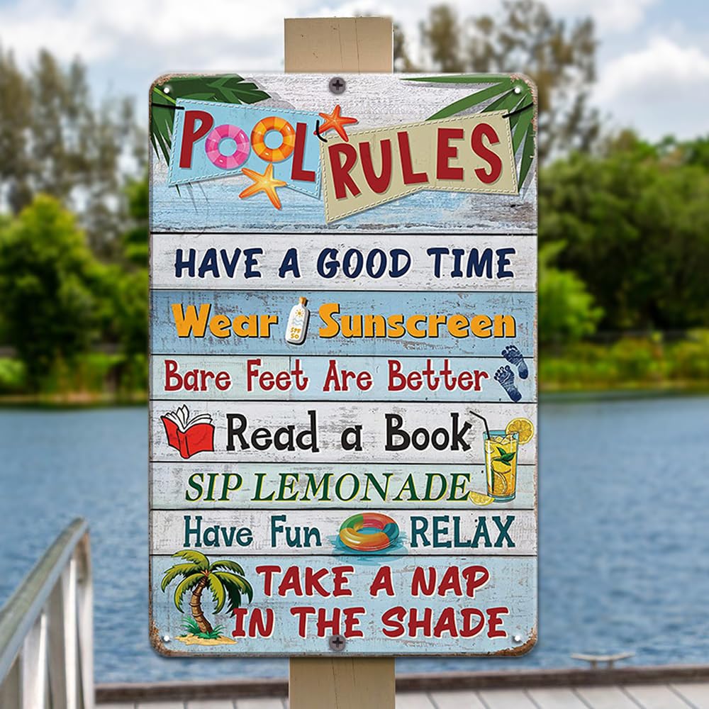 Pool Decorations Outdoor Pool Decor Pool Rules Signs, Swimming Pool Accessories Pool Signs for Outside Vintage Metal Sign for Beach, Patio, Porch, Home, Bar, Pool Deck, and Backyard Walls, 12x8 Inches Funny Pool Signs for Outside