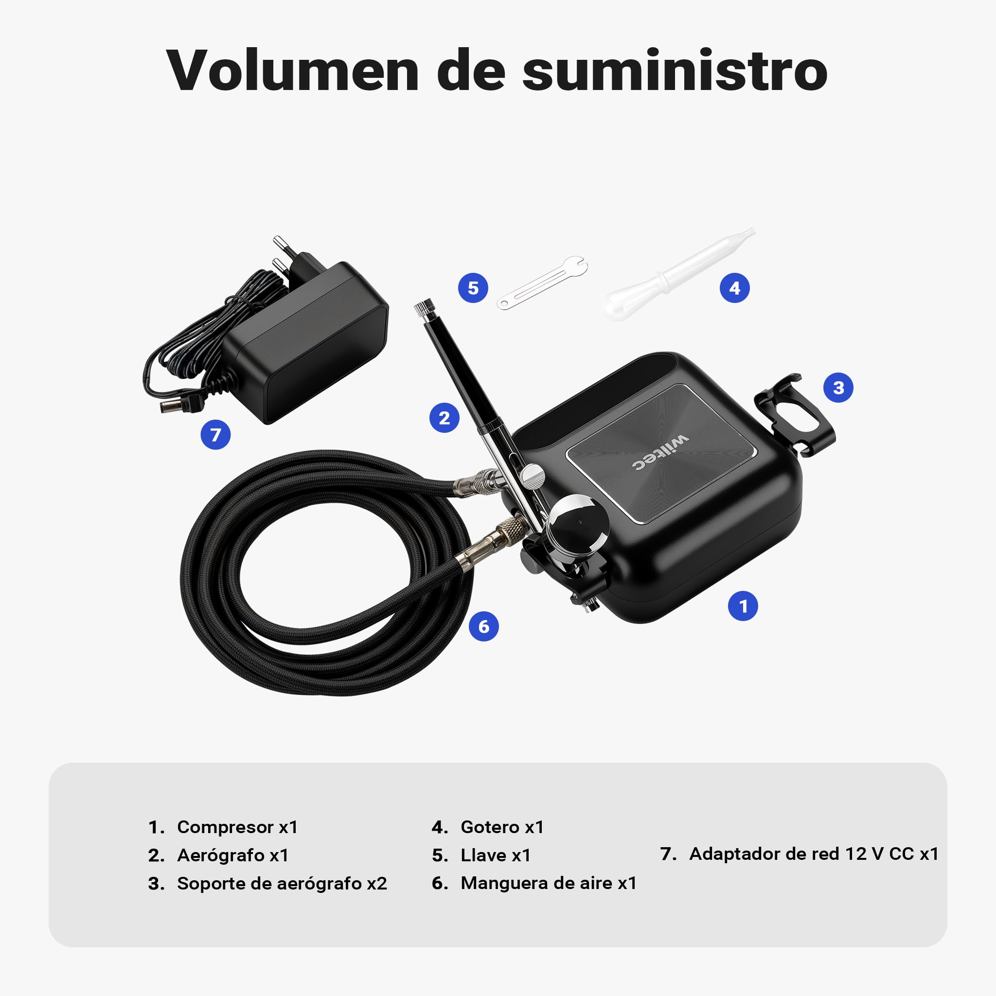 Wiltec HS-A10K Set compresor portátil de 12V con aerógrafo, boquilla 0,3 mm y manguera de 1,8 m presión máx. 2,8 bares para aerografía, tatuajes y manicura, arranque y parada automáticos