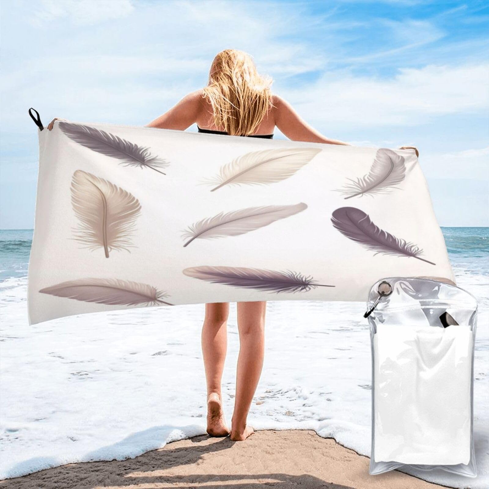 Anceky Digital Illustration of Eight Feathers Quick Dry Microfiber Travel Towel with Carry Case and Carabiner 27.5"X55"