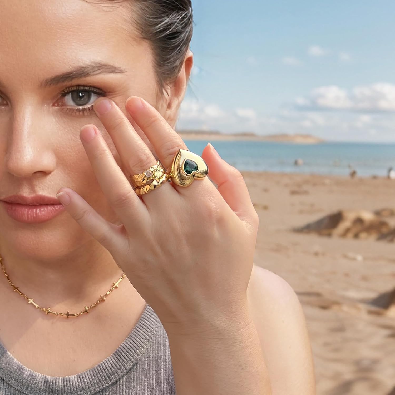 Chunky Gold Rings for Women 14K Gold Plated Heart Statement Ring Non-Tarnish Open Gold Hammered Ring with Cubic Zirconia Stackable Love Gemstone Wave Jewelry Gift - Image 8