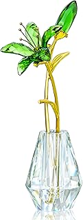 H&D HYALINE & DORA Figurine de lys calla en cristal - Bouquet de mariage avec vase en cristal pour décoration de fête de mariage - Fleur verte avec tige en métal doré