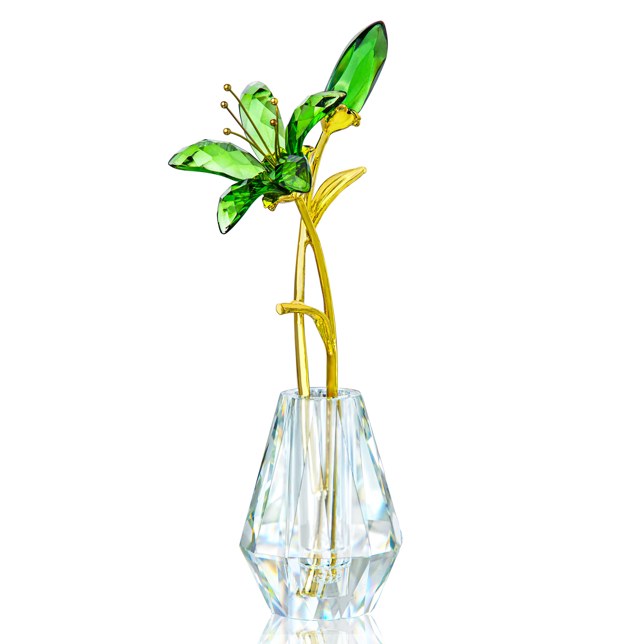 H&D HYALINE & DORA - Figura coleccionable de flores de lirio de cala de cristal con jarrón de cristal para decoración del hogar, boda, fiesta, flor verde con tallo de metal dorado