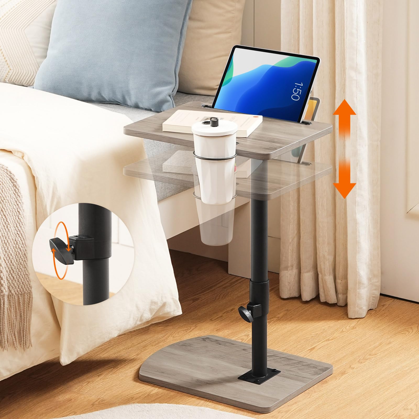 HOOBRO Tavolino a Forma di C Regolabile in Altezza, Tavolino Divano Rotazione 360°, con Portabicchieri Rimovibile e Slot per Tablet, Grigio Invecchiato e Nero EBG34SF01