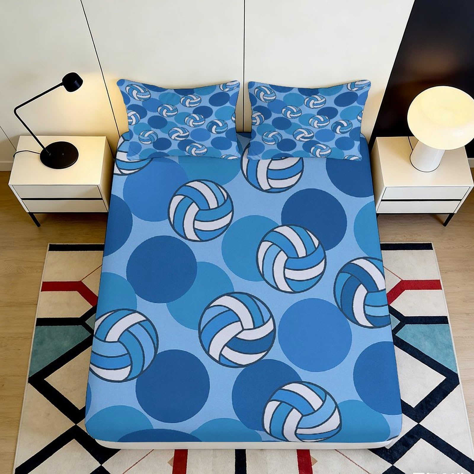 3D Printed Volleyball Blue Circles Fitted Sheet Microfiber Mattress Cover Anti-Slip for Bedroom Dorm Protection Decor 90x200x25cm