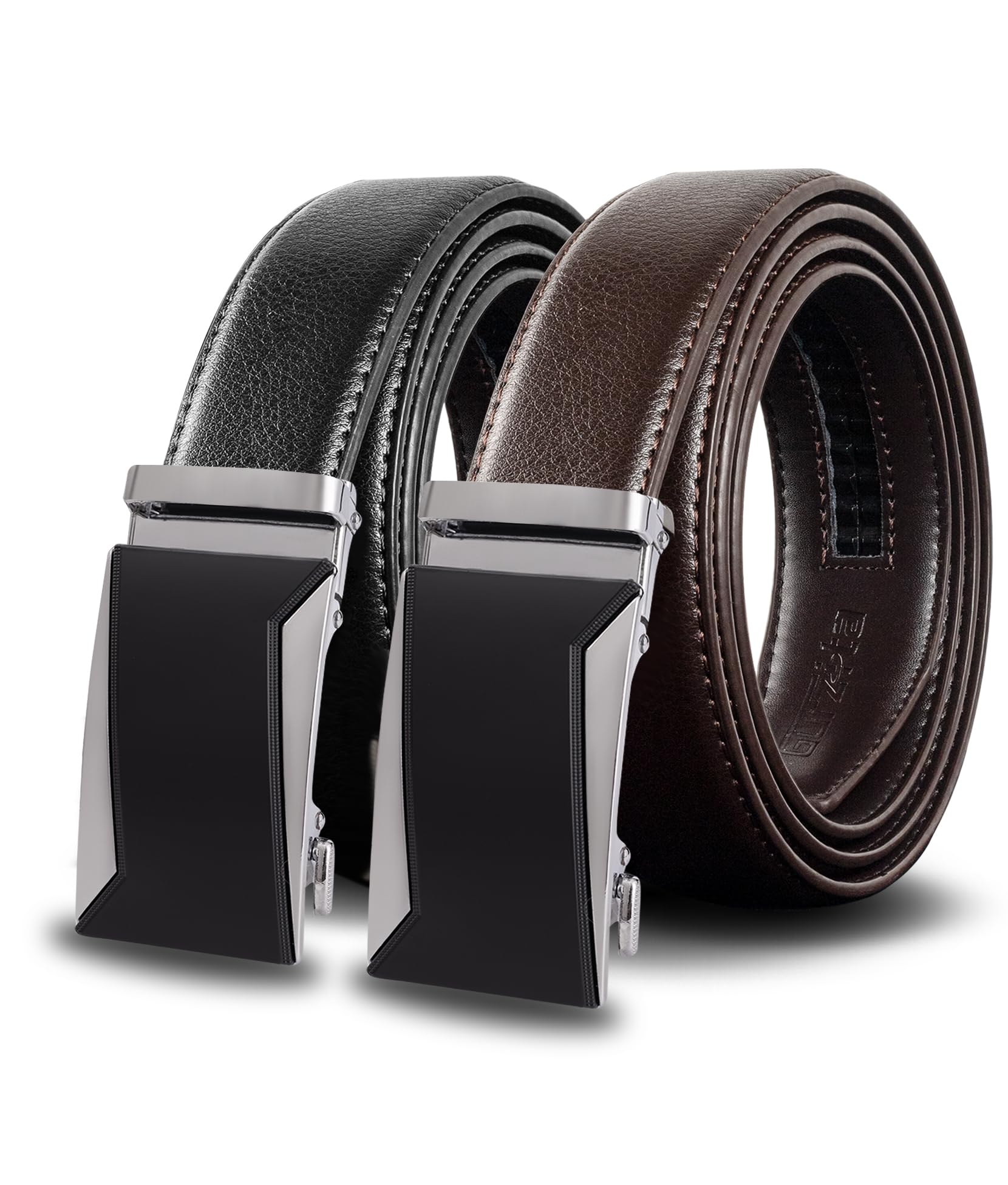 Leather Ratchet Belts for Men 2 Pack,1 3/8" Slide Belt,Adjustable Click Belt Gift For Men,Trim to Fit