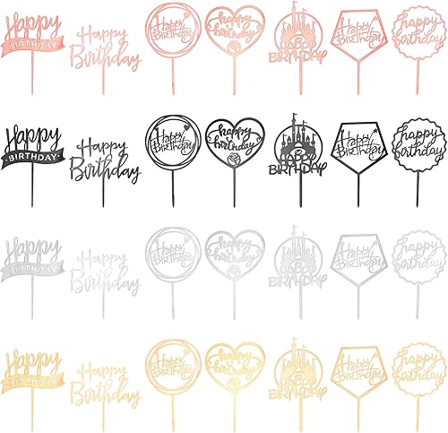28 adornos acrílicos para tartas de cumpleaños, decoraciones de doble cara con purpurina para tartas de cumpleaños para cupcakes, suministros de
