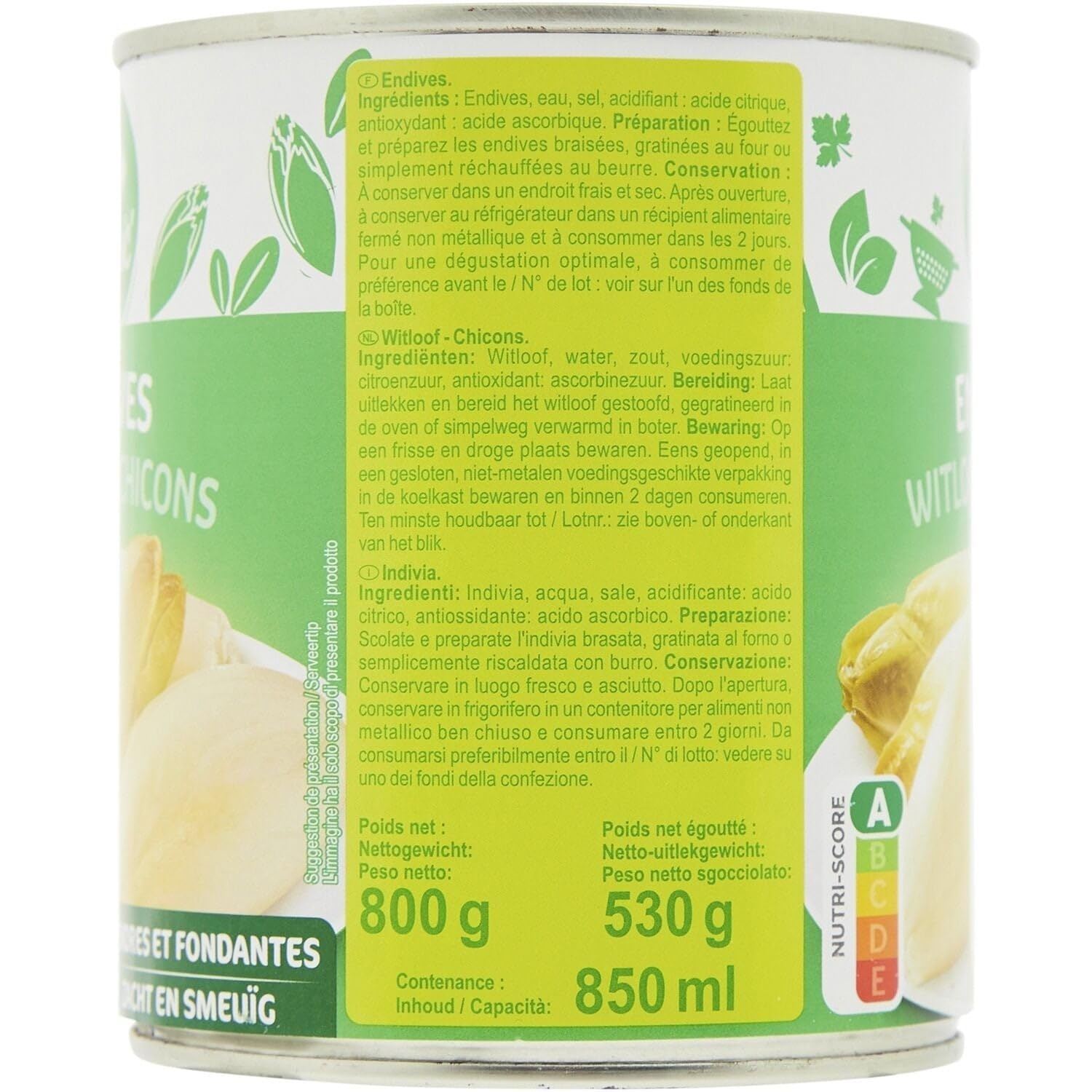 CARREFOUR CLASSIC' Endives en conserve - Tendres et fondantes - Boîte métal 530 g - Légumes prêts à l'emploi - Nutri-Score A - Lot de 3
