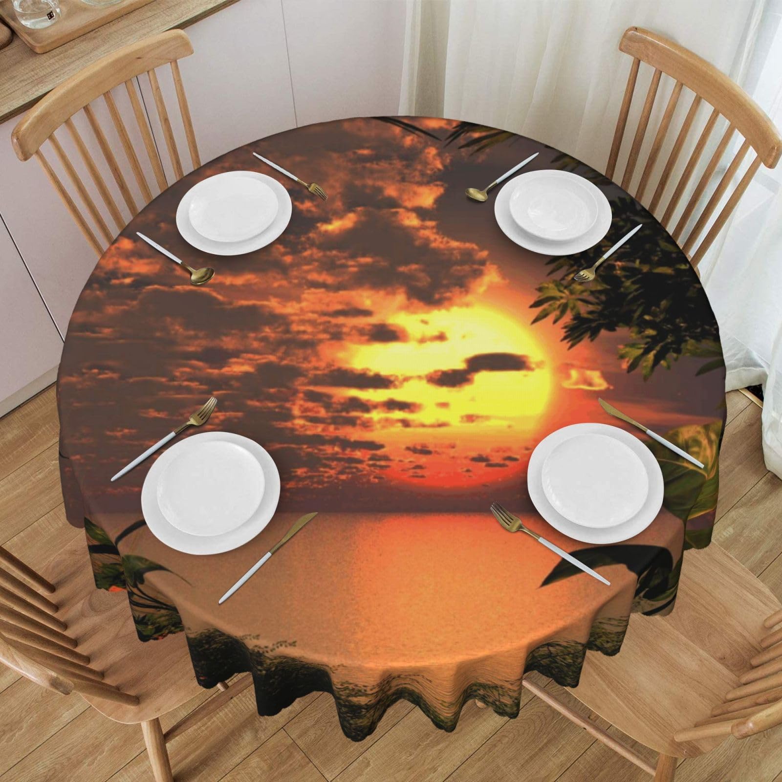 DCEHGEW 60 In Round Tablecloth with Lace, Sunset Painting Printed Oilproof & Washable Fabric Picnic Table Cloth Table Covers