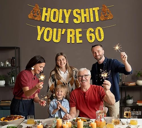 Miniatura 2 de Cartel decorativo de cumpleaños número 60 para mujeres y hombres, cartel de decoración de cumpleaños con purpurina dorada preencordada, divertido