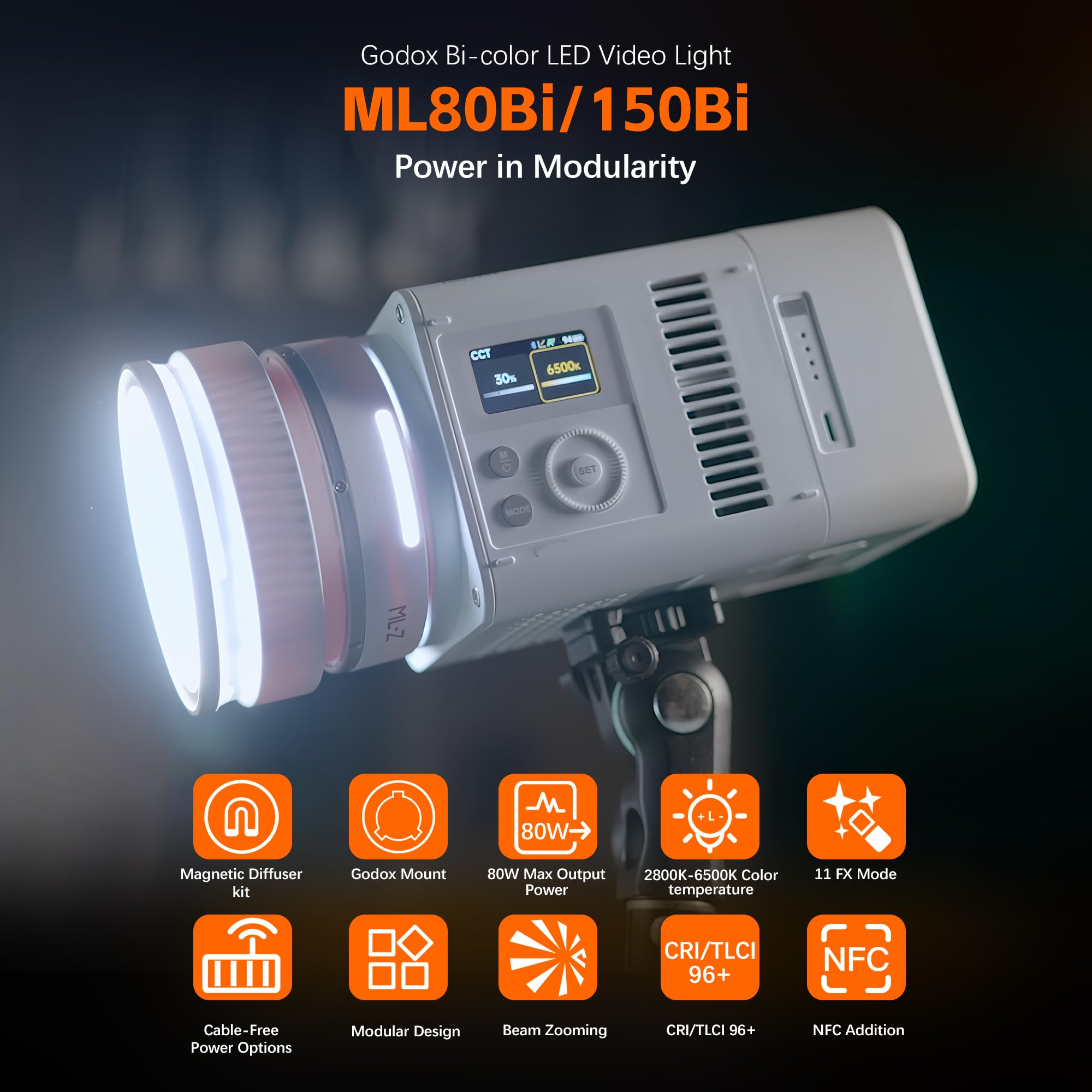 Godox ML80Bi - Luz LED de video bicolor 2800K-6500K, 11 modos FX 29600 Lux @1 m CRI 96 soporta control de aplicación, NFC