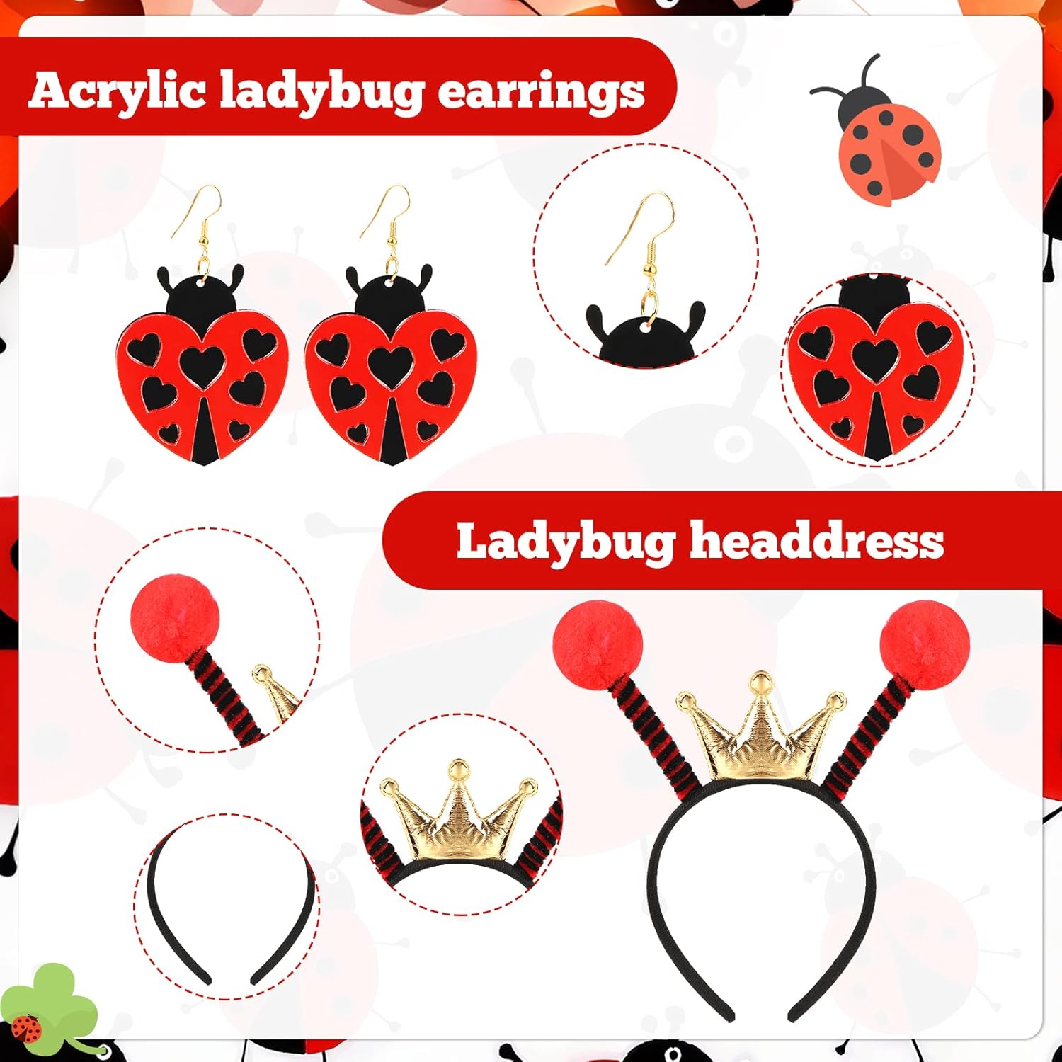 6pcs Ladybug Costume Women with Red and Black Tutu, Ladybug Headband Earrings Socks,Gloves for Halloween Party Animal Cosplay - Image 4