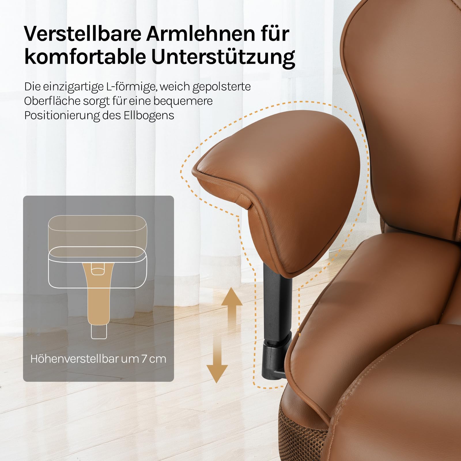 WOLTU Bürostuhl Ergonomisch,Chefsessel Doppellagige Rückenlehne, PU Braun | 3-stufige Rückenlehnenverstellung, mit Lendenwirbelstütze, Fußstütze, für Büro, Besprechungsraum