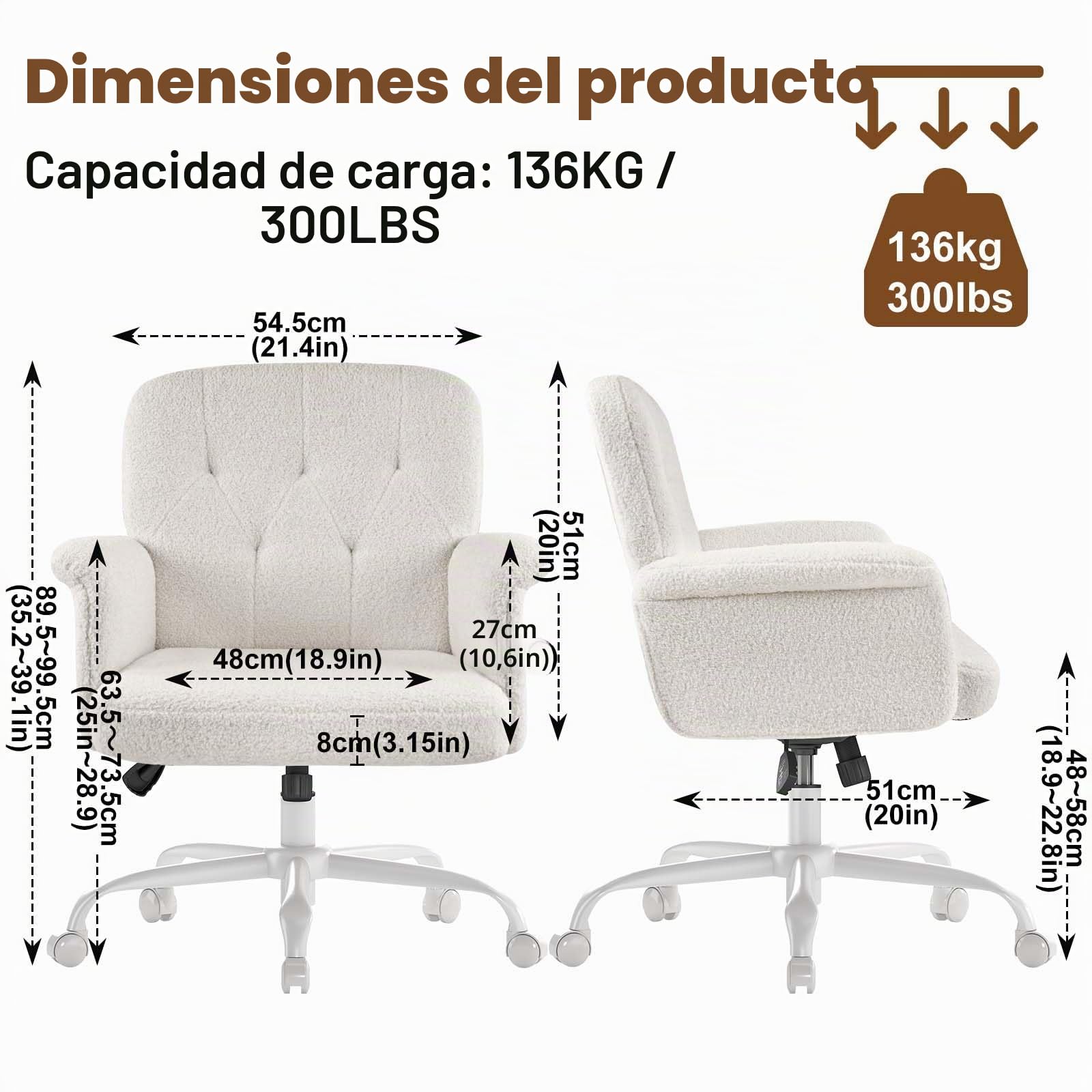 Silla Oficina, sillón Maquillaje Acolchado c/Ruedas y Brazos, Asiento Giratorio Felpa Teddy Regulable, Ideal para salón, Dormitorio, Maquillaje y salón, Blanco