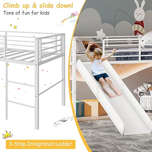 Miniatura 4 de Giantex Cama alta individual con tobogán, litera baja de metal con barandillas de seguridad y escalera integrada, marco de suelo de cama infantil