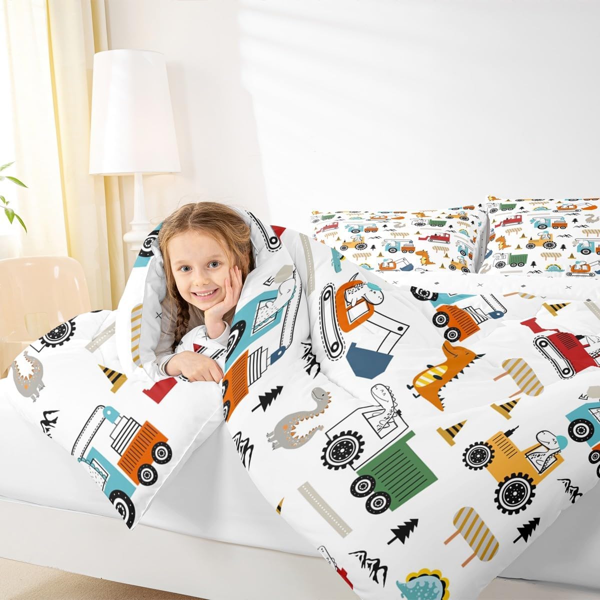 Feelyou Construction Bedding Set King Size Cute Dinosaur Comforter Set Jungle Dino Comforter Equipment Trucks Red Orange Duvet Set Bedroom Quilt Set