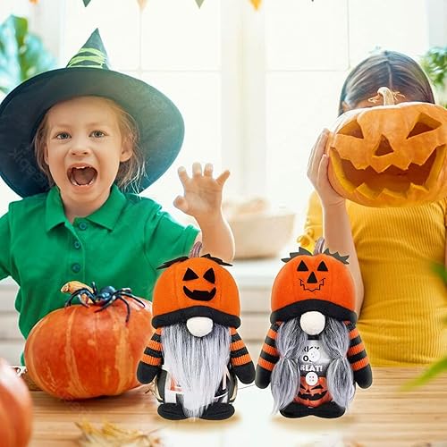 Miniatura 5 de Decoraciones de gnomo de Halloween, paquete de 2 sombreros hechos a mano con cara de calabaza sueca Tomte nórdico de felpa elfo Nisse adorable gnomo