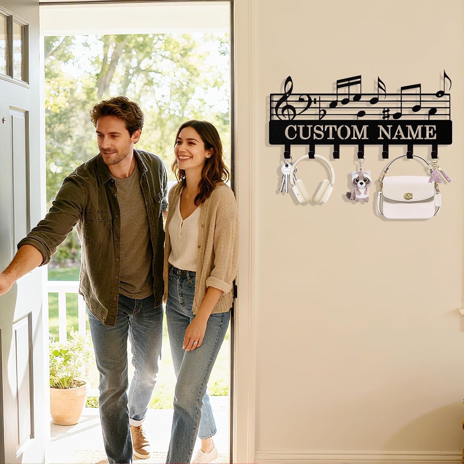Personalized Music Notes Key Holder Wall Mount, Custom Metal Keys Hanger for Wall with Name, Custom Key Rack Holder with Hooks for Entryway, Front Door, Living Room, Kitchen, Bathroom, Garden image 2