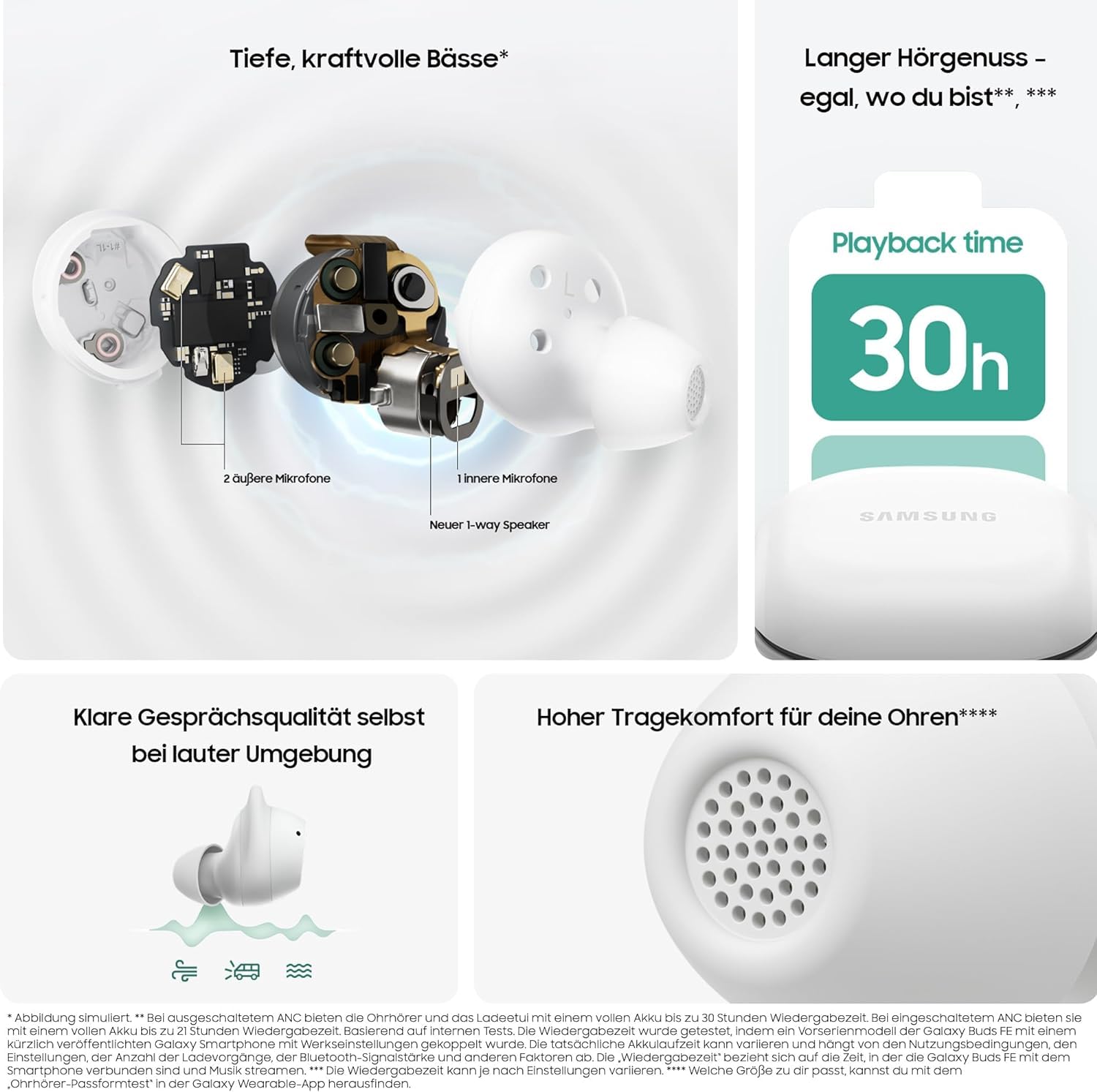 Samsung Galaxy Buds FE Kabellose Bluetooth-Kopfhörer, Active Noise Cancelling (ANC), Komfortable Passform, 3 Mikrofone, Touch Control, Tiefer Bass, Inkl. Ladekabel, White