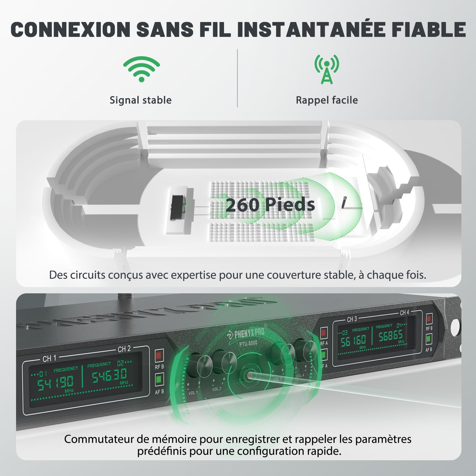 Phenyx Pro Système de Microphone sans Fil UHF 4 canaux avec Quatre micros Portables, Construction entièrement métallique, PTU-5000A