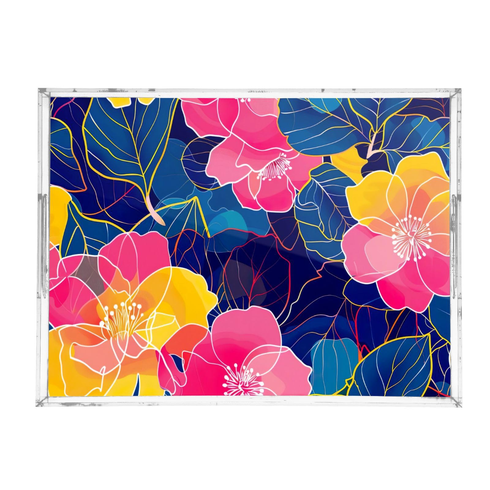 BOESI Graffiti Colourful Flower Pattern Acrylic Decorative Dining Tray, Acrylic Decorative Tray Organizer with Handle for Kitchen, Dining Room, Bathroom, Dresser