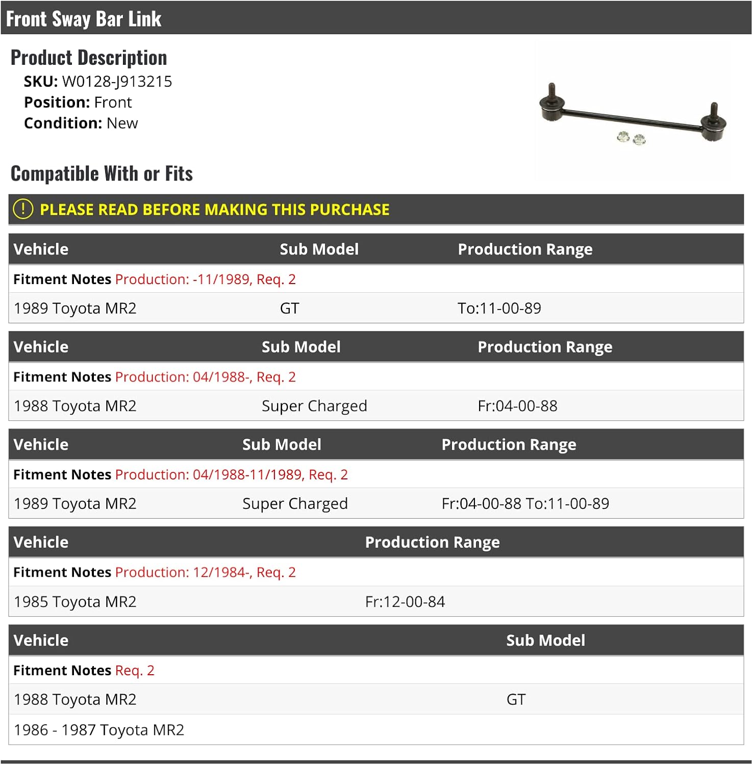 Front Sway Bar Link - Compatible with 1985-1989 Toyota MR2 (Up to 11/1989)