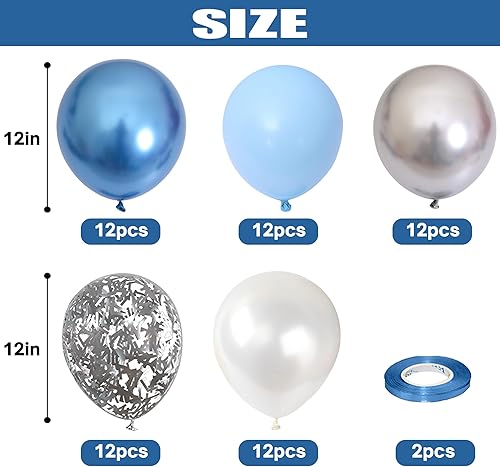Miniatura 2 de 60 globos de 12 pulgadas de color azul metálico, plateado, blanco cromado y de confeti con brillantina plateada, decoraciones para niños, baby