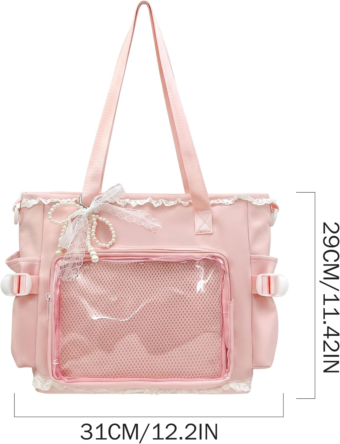Pin Bag, Black Ita Bag with Clear Pin Display Window Lace & Bow Accents, Tote Crossbody with Pendant Tote. image 4