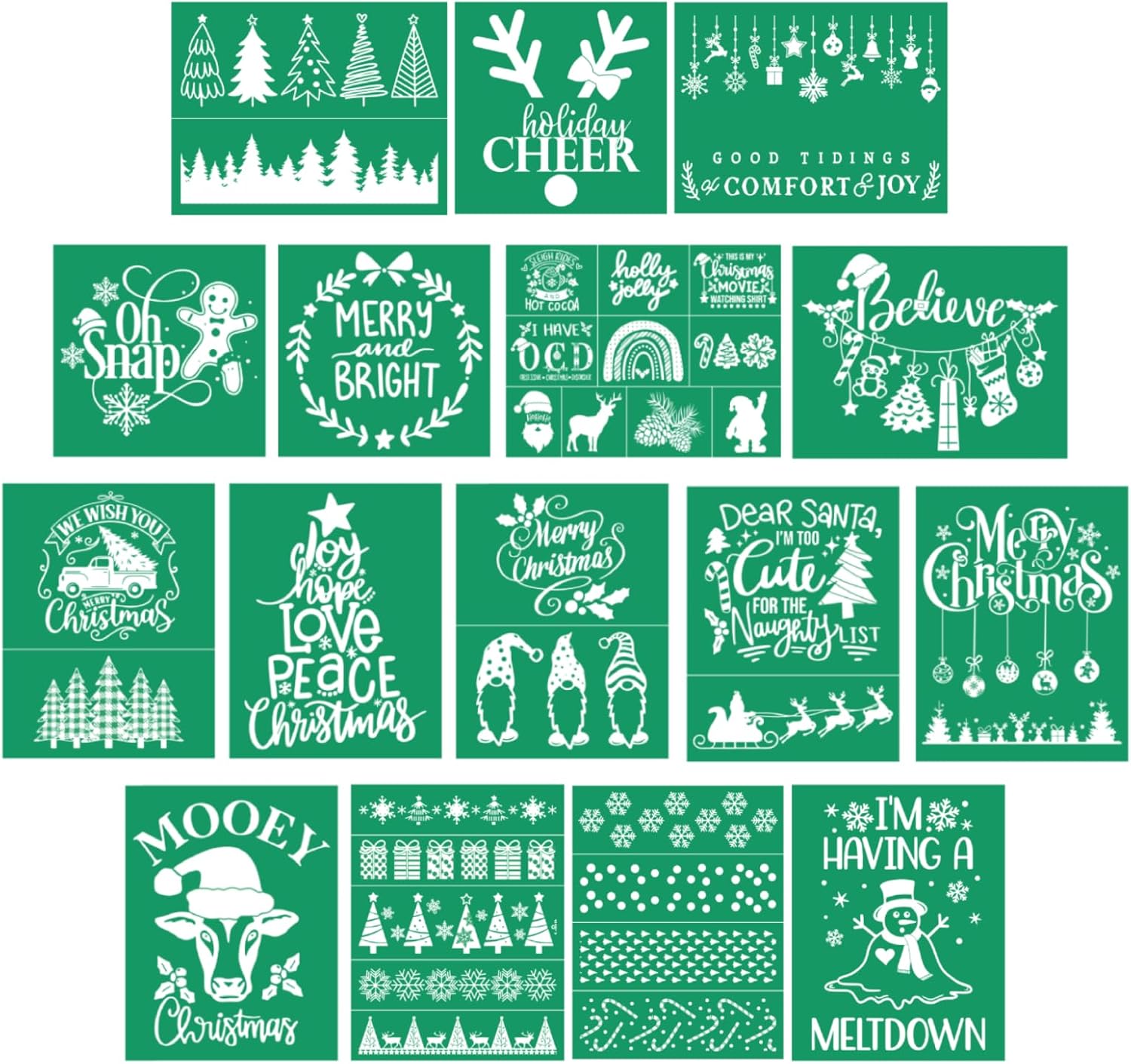 DGAG 16PCS Christmas Self-Adhesive Silk Screen Stencils,Santa Claus Screen Printing Stencils for Craft Xmas Chalk Paste Stencil Transfers Reusable Stencils for Painting on Wood Fabric Farmhouse