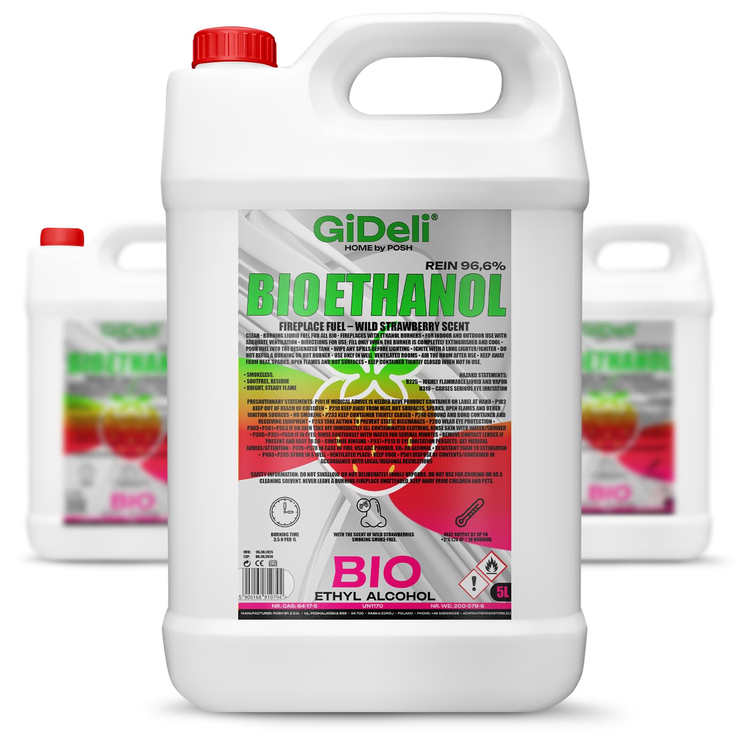 GiDeli Bioetanol 3 x 5 l con aroma a fresa silvestre 96,6% etanol para chimeneas interiores y exteriores, sin humo ni hollín, de maíz y remolacha azucarera