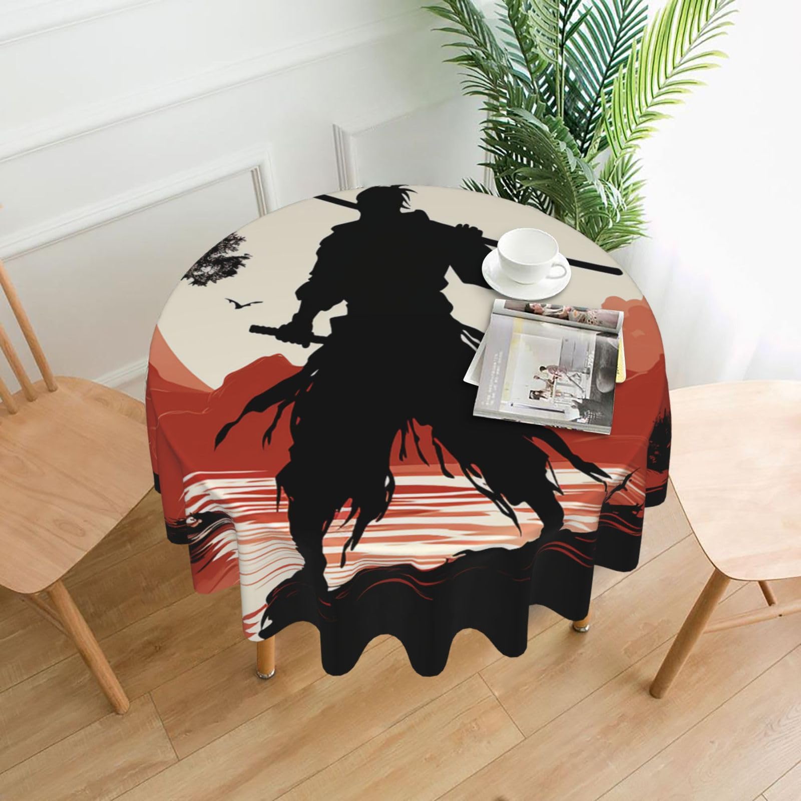 Fodpand Black Samurai Tablecloths For Round Tables 60 Inches - Reusable And Washable Kitchen Table Clothes Decorative Table Cover For Dining Tables, Buffet Parties, Wrinkle Resistant