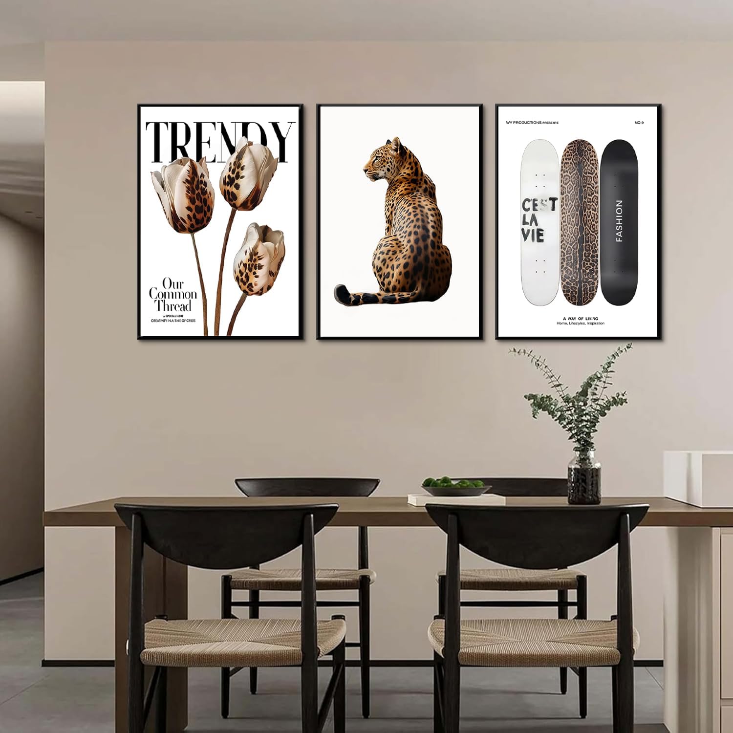 3Pcs Trendy Leopard Print Canvas Wall Art Picture Stylish Female Aesthetic Poster Cheetah Printed Preppy Fashion Skateboard Wall Decor for Bedroom Apartment Dorm Living Room 16x24in Unframed poster