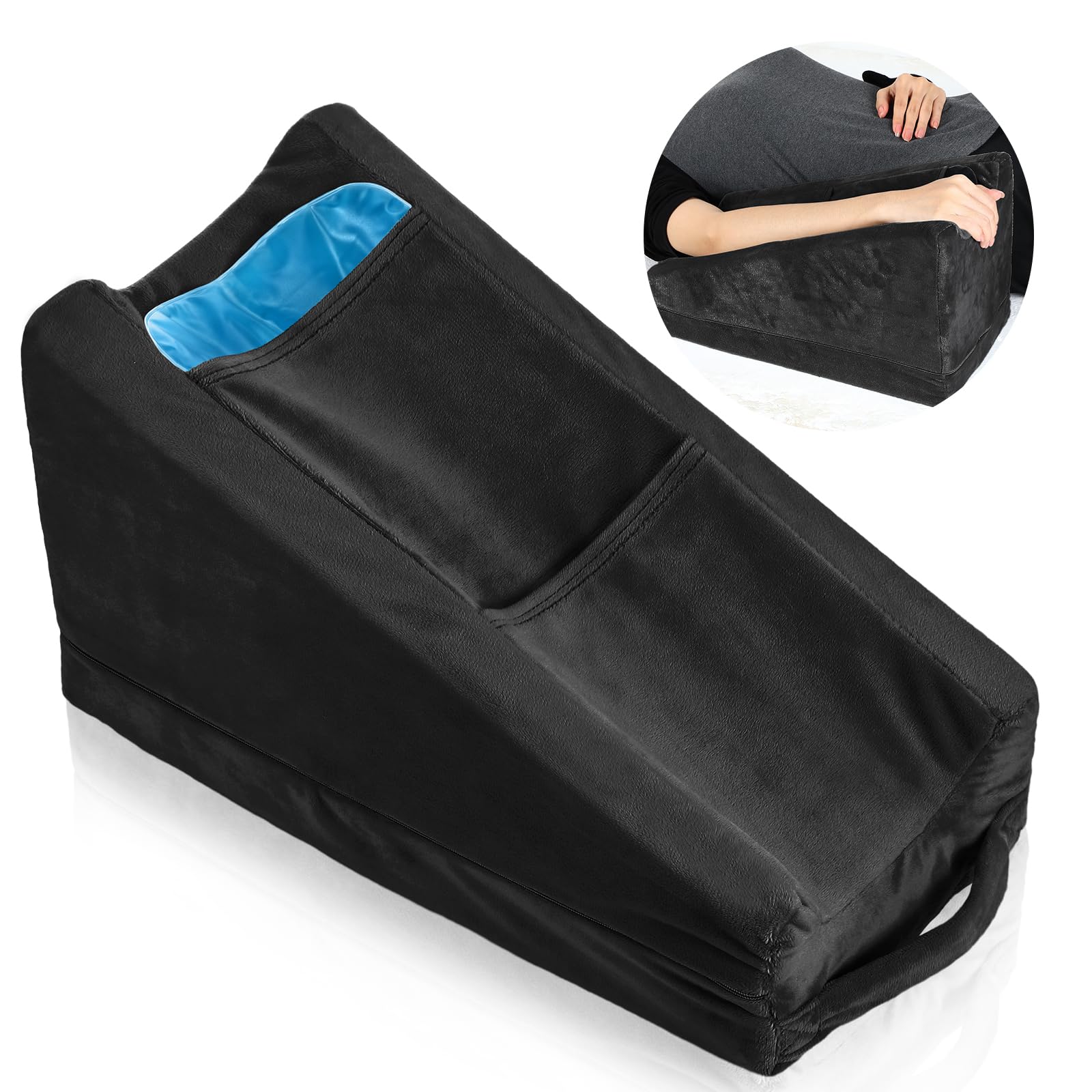 Photo 1 of Buryeah Black Arm Elevation Pillow with 2 Pockets, Soft Ergonomic Support Pillow for Elbow Rest Wedge Broken Arm Elbow Gifts with High Density Foam for Recovery Sleeping (Plush Material)