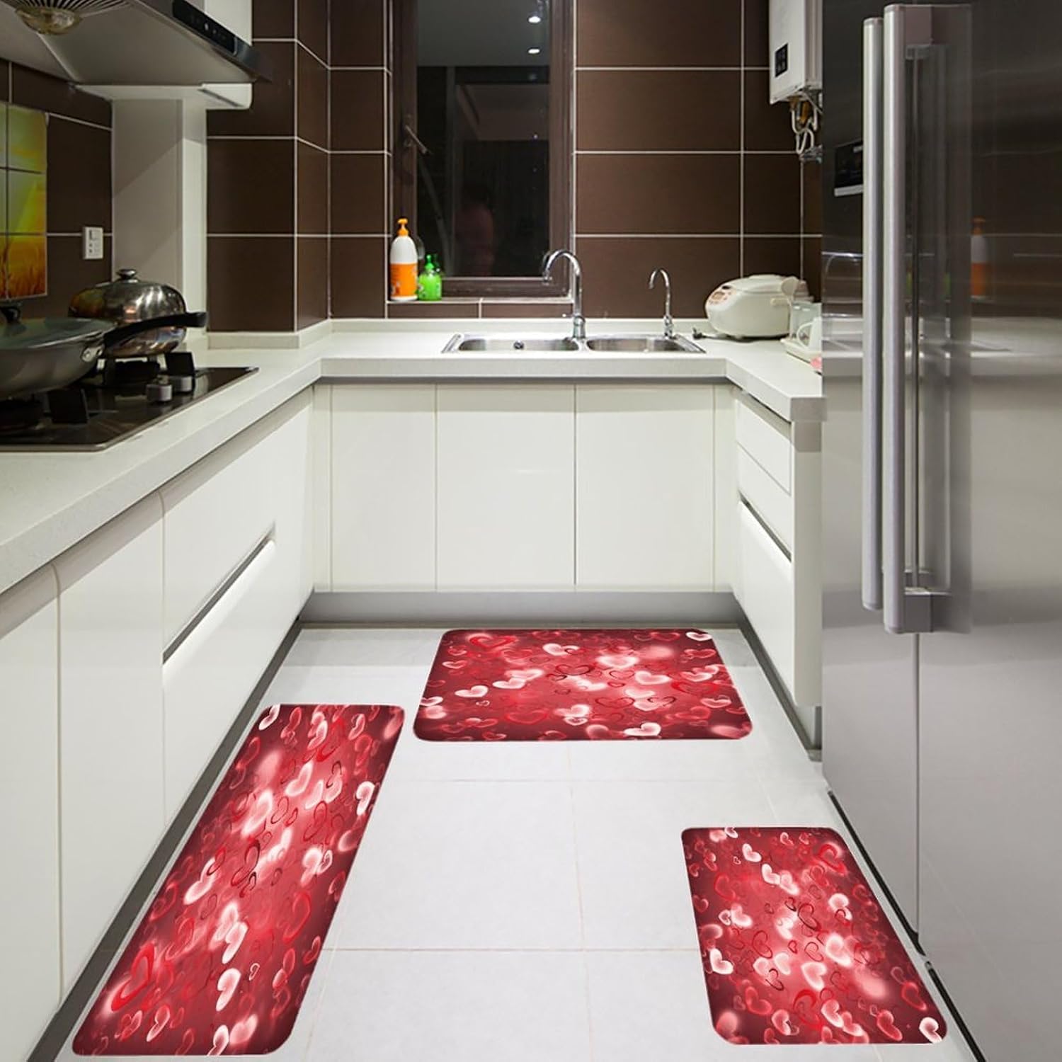 Valentine's Day Love Heart Kitchen Rugs Sets of 3 Washable Non Slip Kitchen Rug Water Resistant Carpet Piece Anti Fatigue Kitchen Mats Soft Comfort Standing Mat Modern Area Rug