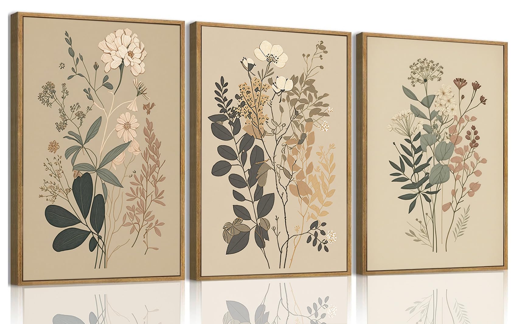 Wodkwq 3 Piece Vintage Floral Canvas Wall Art Framed,Large Wildflower Wall Art,Neutral Farmhouse Botanical Wall Painting,Modern Floral Art Prints For
