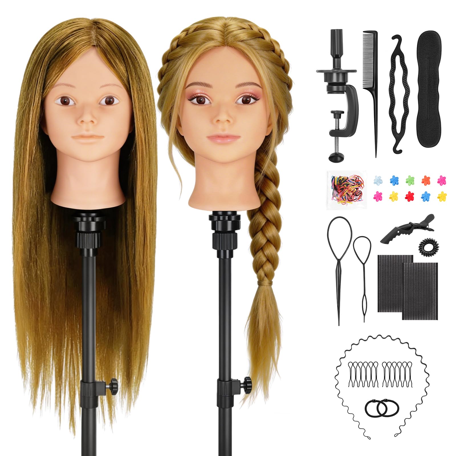 Yofuly 26Zoll/66cm Frisierkopf, 80% Echthaar Übungskopf, Make-up Frisieren Trainingsköpfe, Puppenkopf Friseur Mannequin Kopf mit Tischklemme + DIY-Zopfset (Hellbraun)